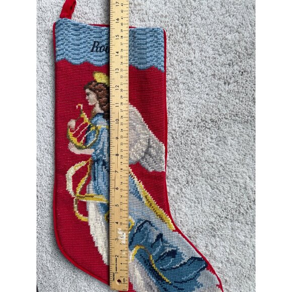 Lands End Angel Needlepoint Embroidered ' Rowan ' Christmas Wool Stocking Red - Picture 2 of 8
